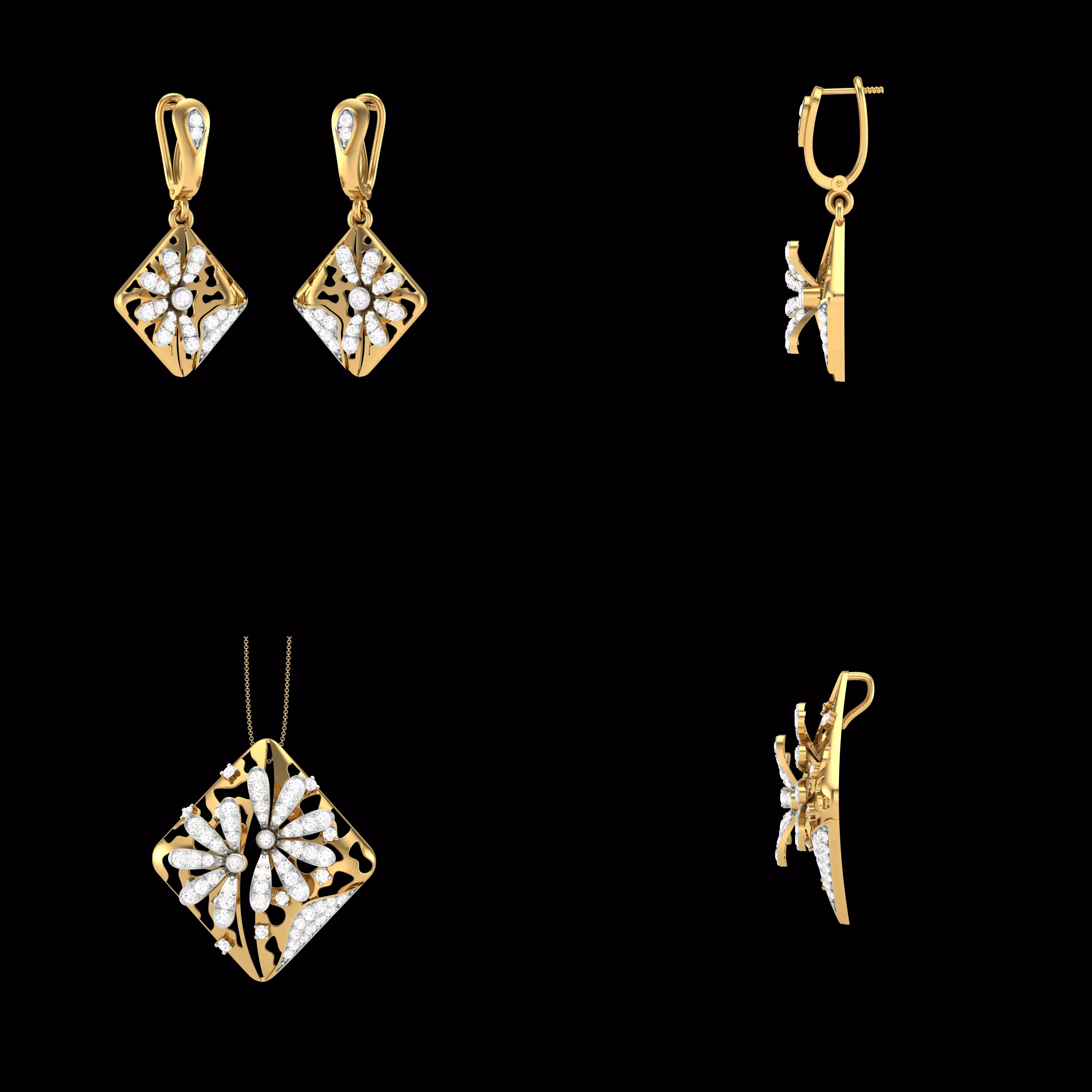 Floral Diamond Pendant Earrings Set CAD Design STL 3DM Model 3D print model