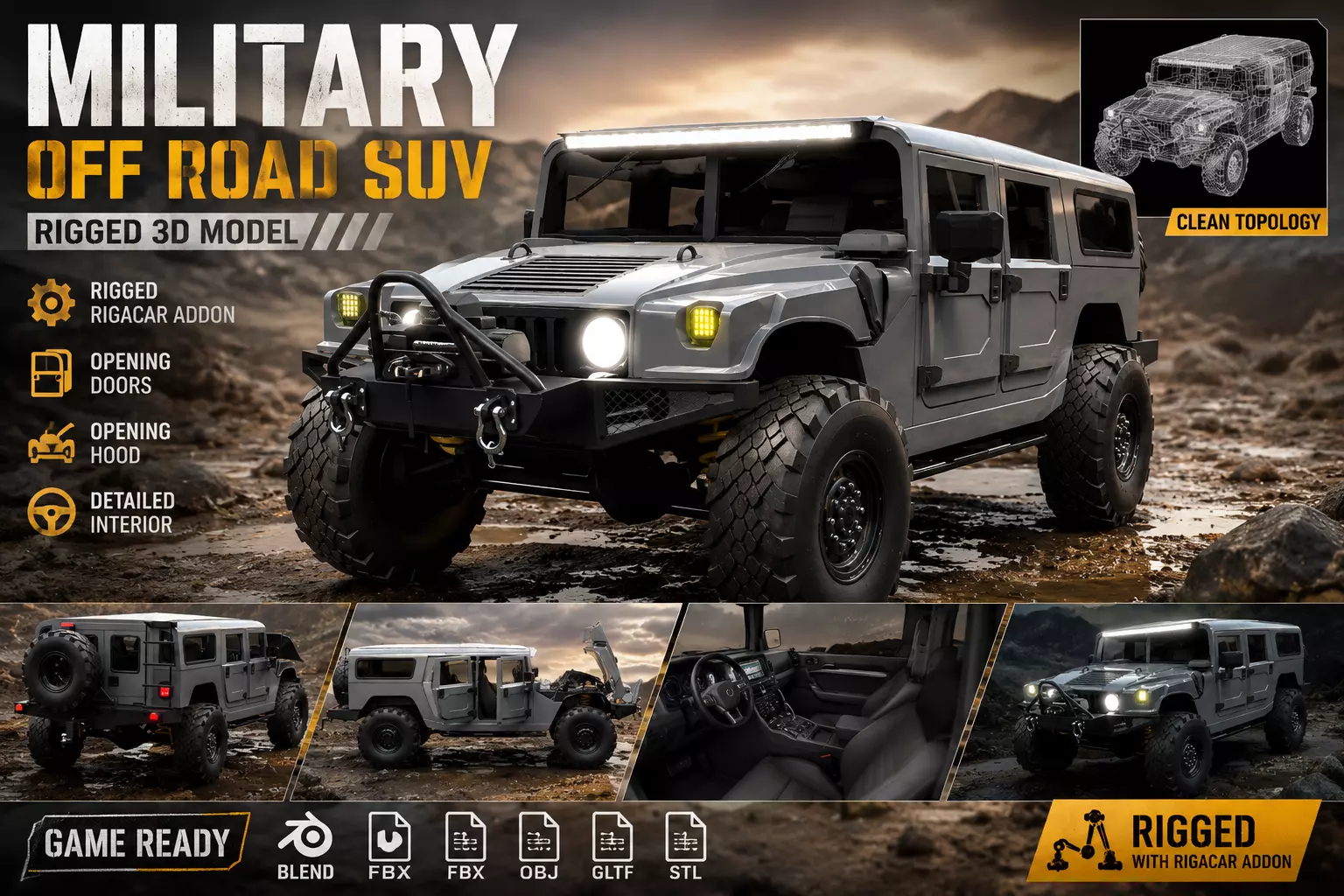 Rigged Military Off Road SUV 3D Model 4x4 Game Ready Blender FBX Low-poly 3D model