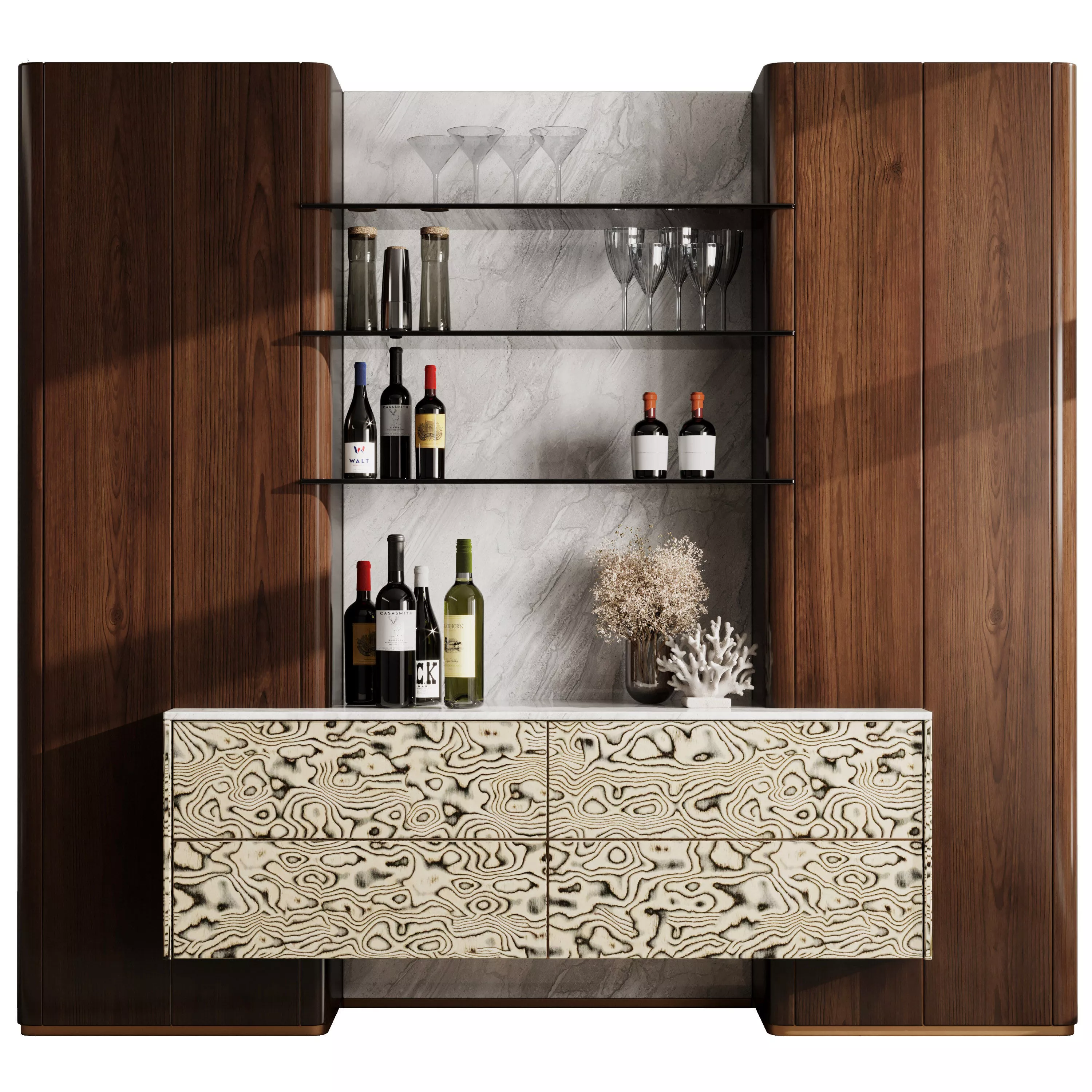 Bar cabinet - Wine cabinet with Wine Bar in a restaurant Low-poly 3D model