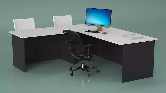 Office Desk with Chairs and Computer Setup 3D model 3