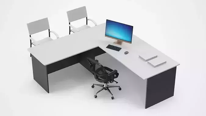 Office Desk with Chairs and Computer Setup 3D model 5