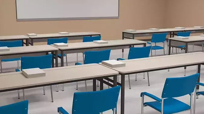 Modern Classroom Interior with Projector and Desktop Monoblock 3D model 6