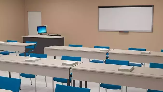 Modern Classroom Interior with Projector and Desktop Monoblock 3D model 2