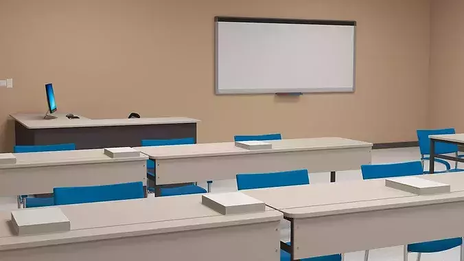 Modern Classroom Interior with Projector and Desktop Monoblock 3D model 7