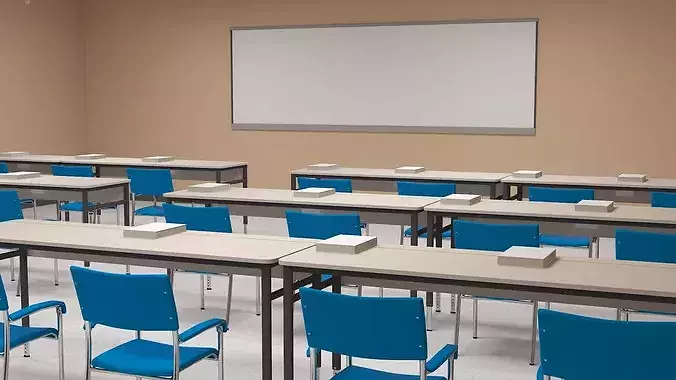 Modern Classroom Interior with Projector and Desktop Monoblock 3D model 5