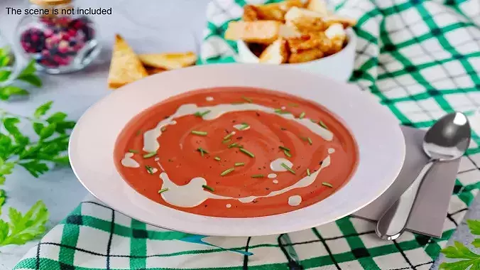 Creamy Tomato Soup Garnished with Herbs 3D model 4