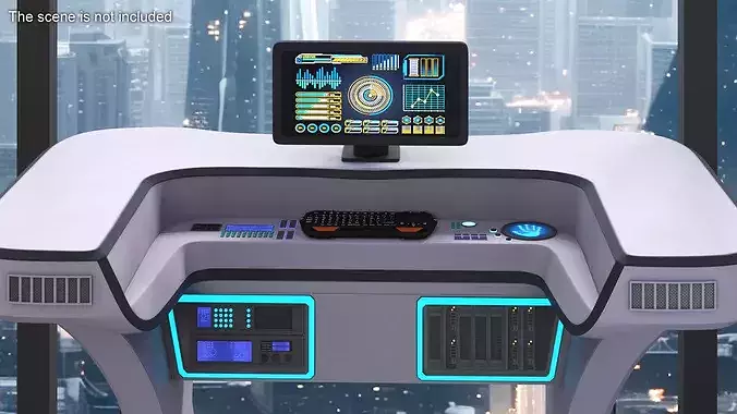 Futuristic Control Desk and Monitor 3D model 4