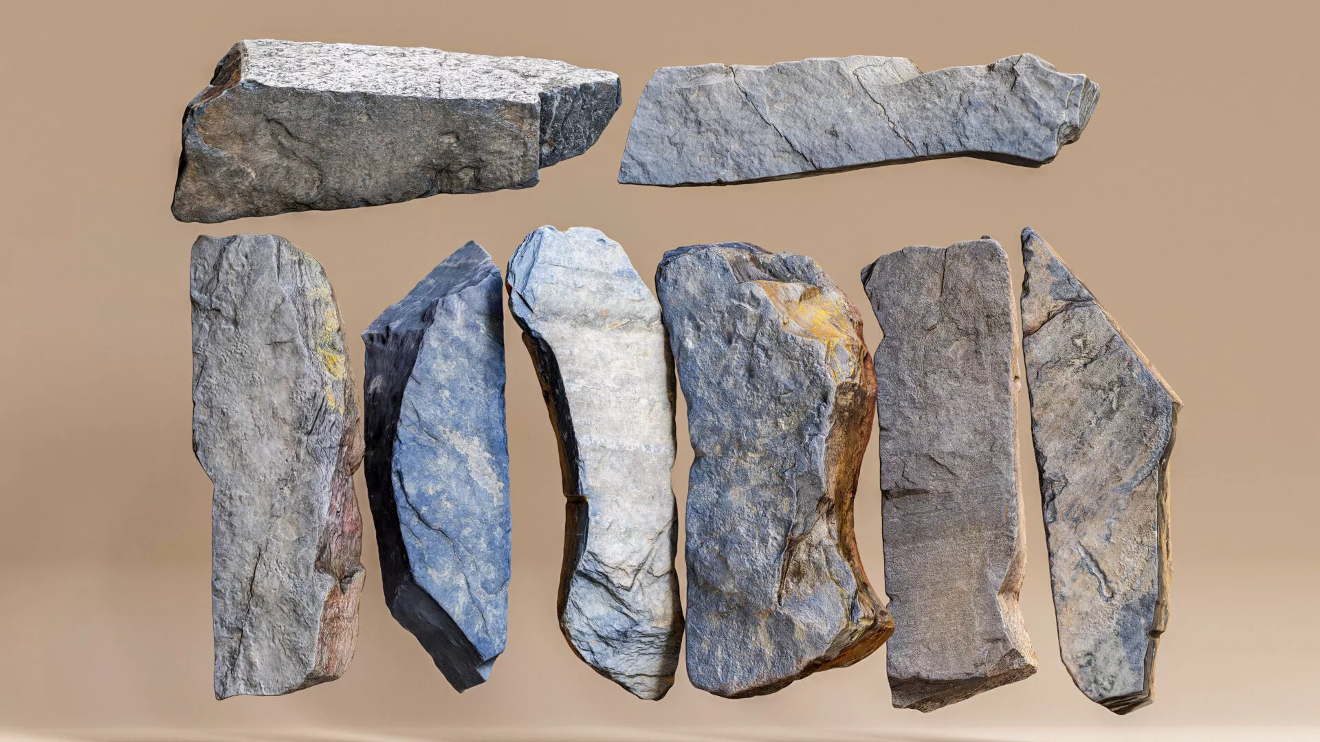 Natural Stone Slabs Pack 8 Modular Photogrammetry Rocks Low-poly 3D model