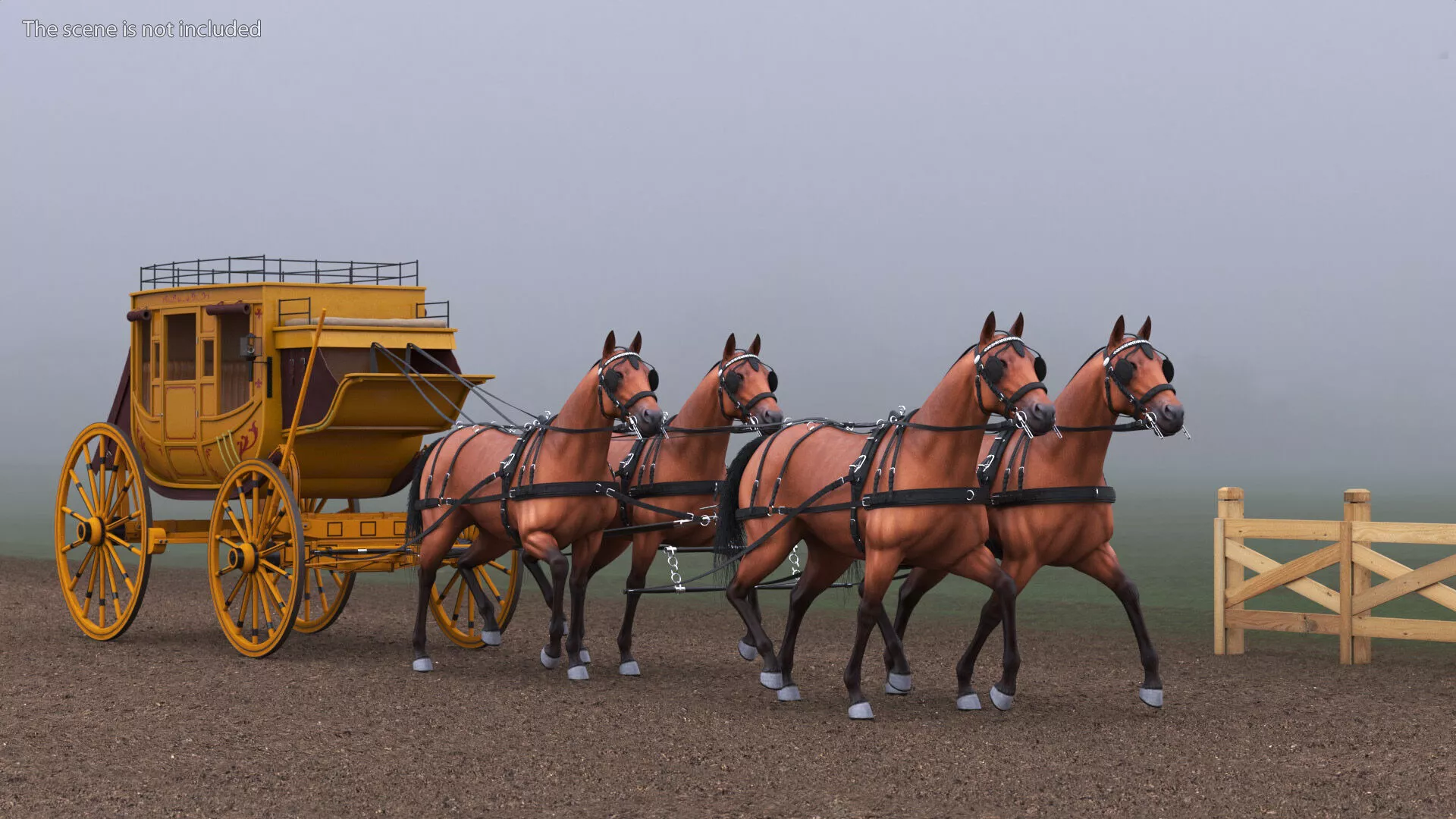 Four Bay Horses Harness with Stagecoach 3D model