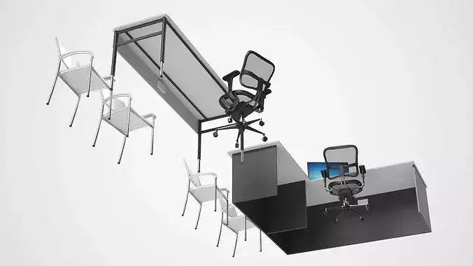 Office Desk with Desktop Monoblock and Chair Setup 3D model 6