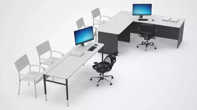 Office Desk with Desktop Monoblock and Chair Setup 3D model 5