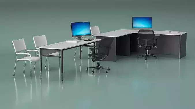 Office Desk with Desktop Monoblock and Chair Setup 3D model 4