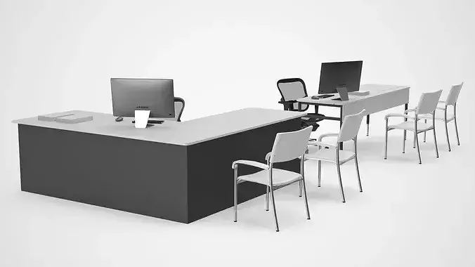 Office Desk with Desktop Monoblock and Chair Setup 3D model 7