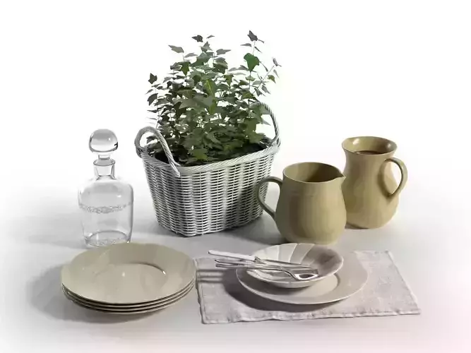 Wicker Plant Basket with Tableware Composition