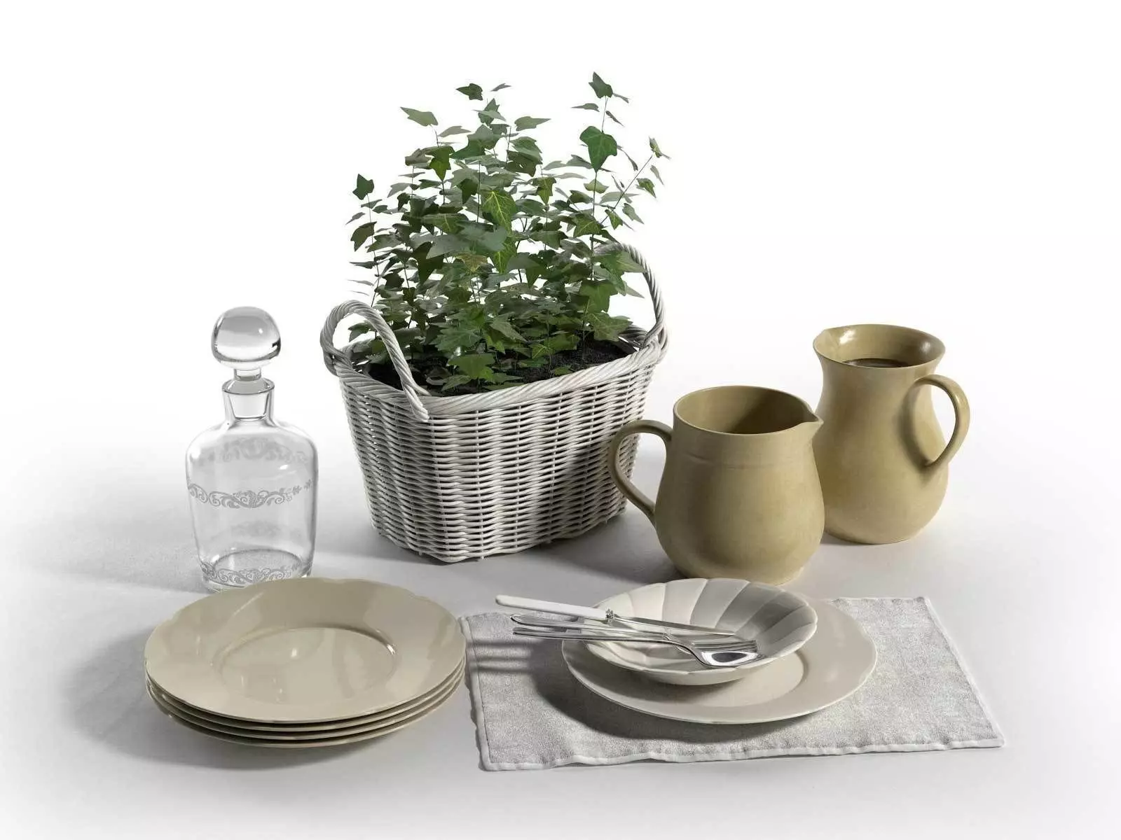 Wicker Plant Basket with Tableware Composition 3D model_0