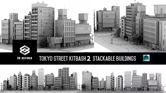 Tokyo Street Building kidbash set 2 Low-poly 3D model Low-poly 3D model