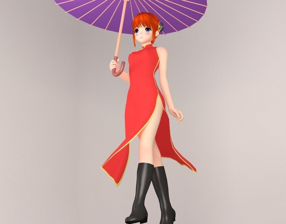 T pose rigged model of Kagura anime girl 3D model_1