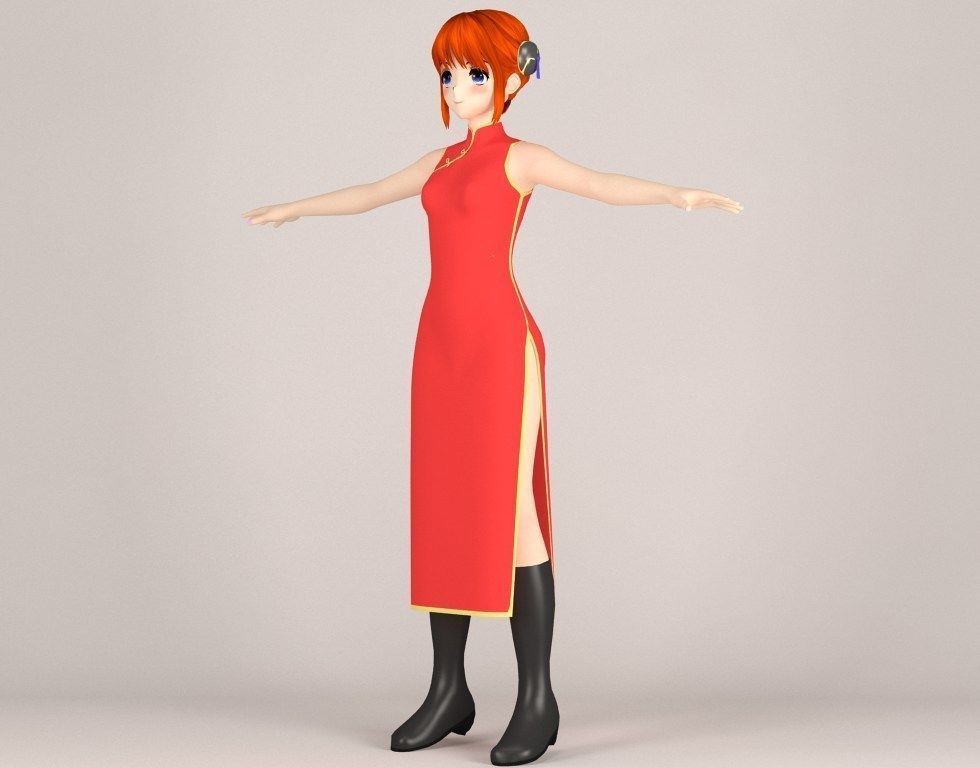 T pose rigged model of Kagura anime girl 3D model_6