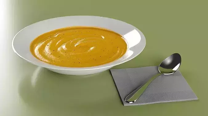Pumpkin Soup with Sour Cream and Spoon 3D model 5