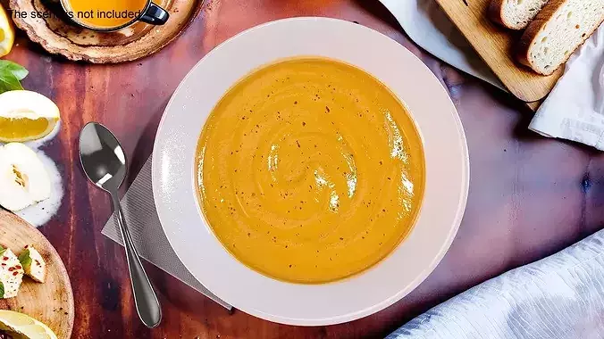 Pumpkin Soup with Sour Cream and Spoon 3D model 3