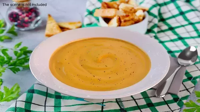 Pumpkin Soup with Sour Cream and Spoon 3D model 4