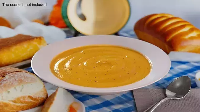Pumpkin Soup with Sour Cream and Spoon 3D model 2