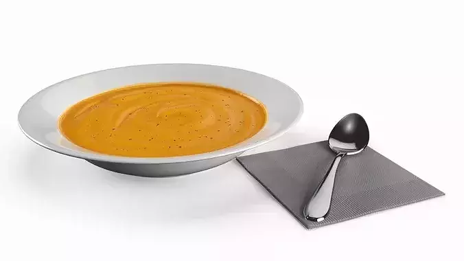 Pumpkin Soup with Sour Cream and Spoon 3D model