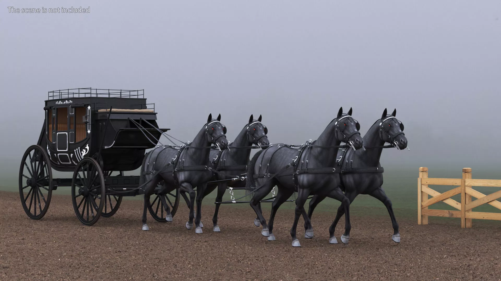 Four Black Horses Harness with Stagecoach 3D model