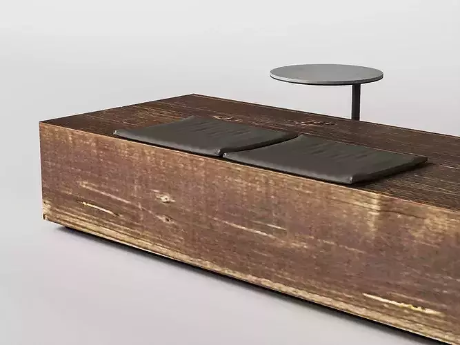Modern Wooden Bench with Cushions and Side Tables Low-poly 3D model 3