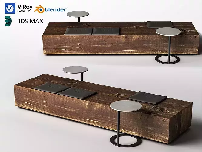 Modern Wooden Bench with Cushions and Side Tables Low-poly 3D model 2