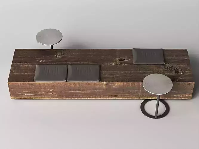 Modern Wooden Bench with Cushions and Side Tables Low-poly 3D model 7