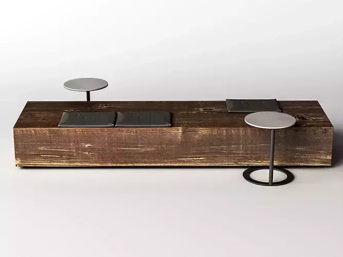 Modern Wooden Bench with Cushions and Side Tables Low-poly 3D model