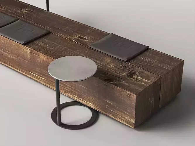 Modern Wooden Bench with Cushions and Side Tables Low-poly 3D model 5