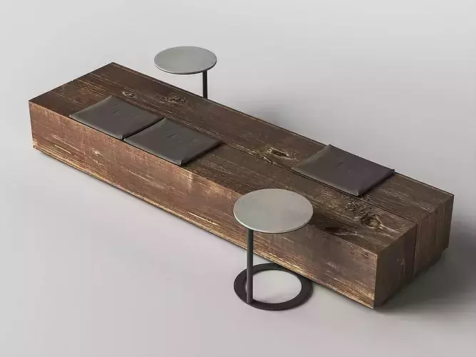 Modern Wooden Bench with Cushions and Side Tables Low-poly 3D model 4