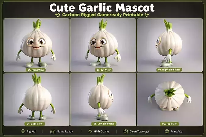 Cute Anime Garlic Mascot Cartoon Rigged GameReady 3D model