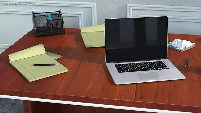 Office Desk with Laptop and Stationery 3D model 3