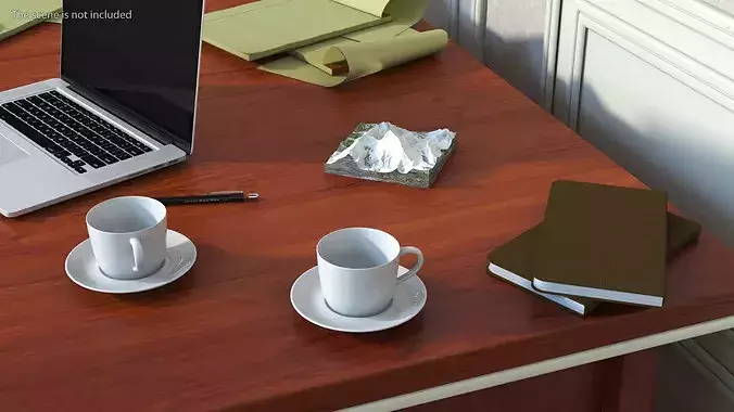 Office Desk with Laptop and Stationery 3D model 4