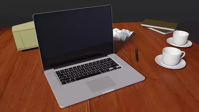 Office Desk with Laptop and Stationery 3D model 7