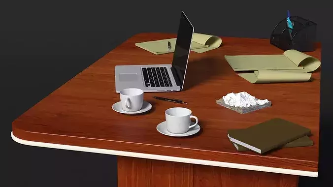 Office Desk with Laptop and Stationery 3D model 6