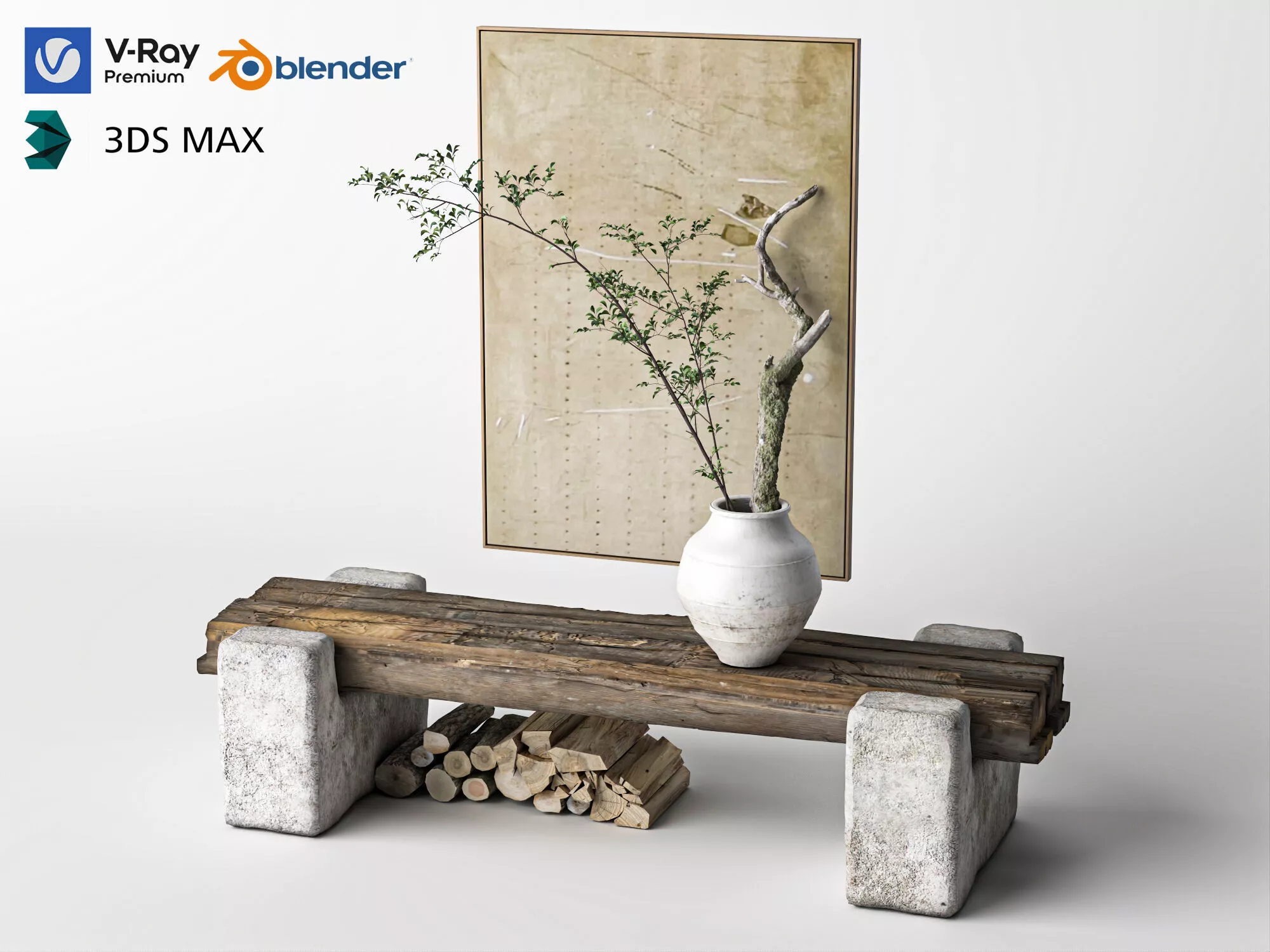Modern Rustic Wooden Bench Low-poly 3D model