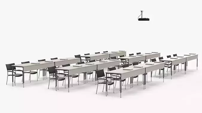 Classroom with Desks and Chairs 3D model 6