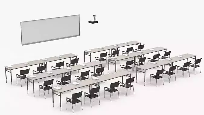 Classroom with Desks and Chairs 3D model 2
