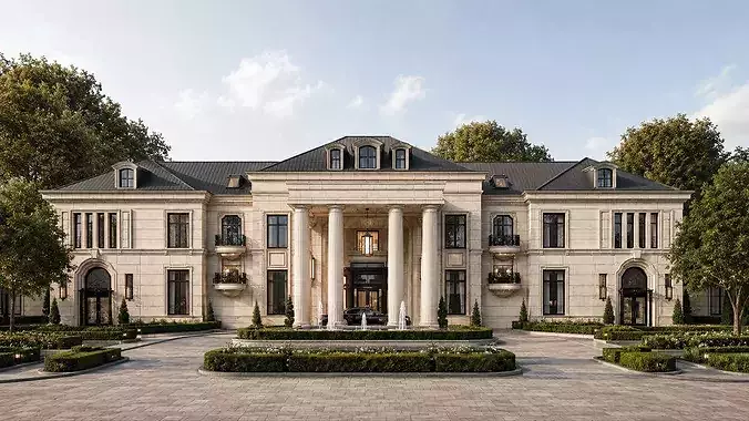 Neoclassical Luxury Mansion Villa Estate with Courtyard pool 3D model 3