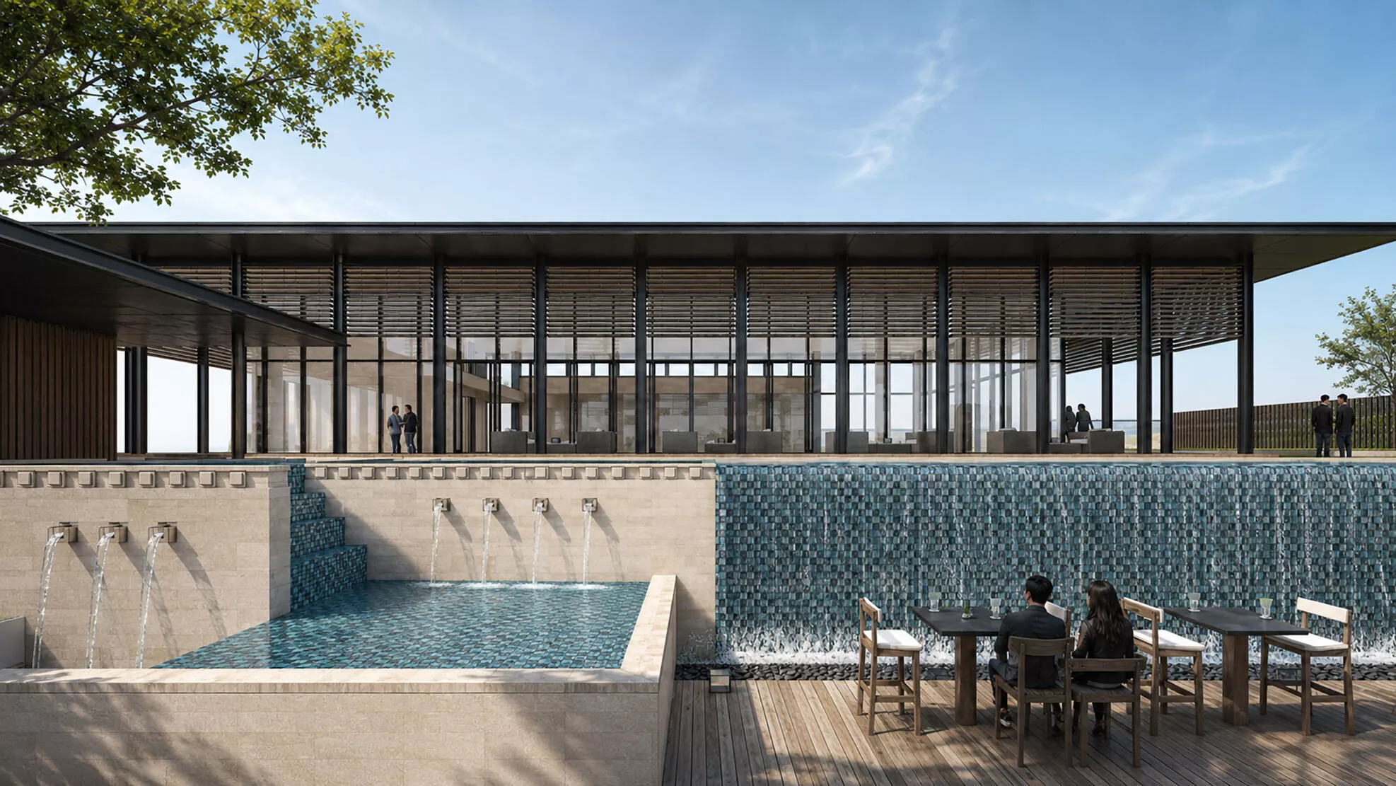 Modern Waterfront Resort Clubhouse with Terraced Water Features 3D model
