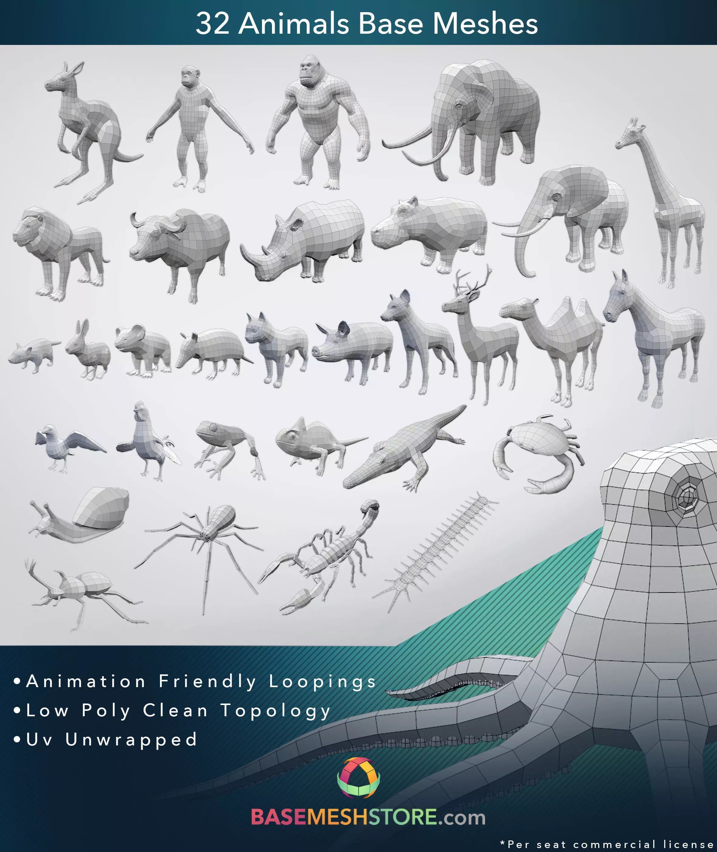 32 Animals Base Meshes Low-poly 3D model_0