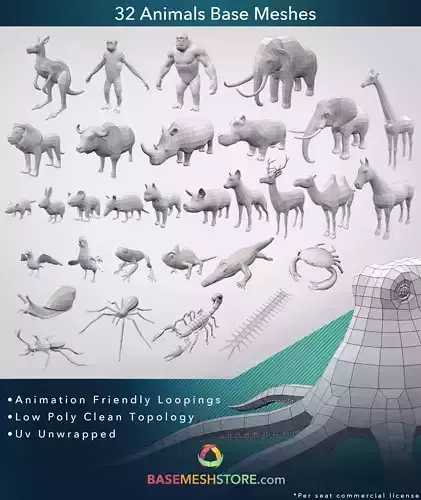 32 Animals Base Meshes Low-poly 3D model