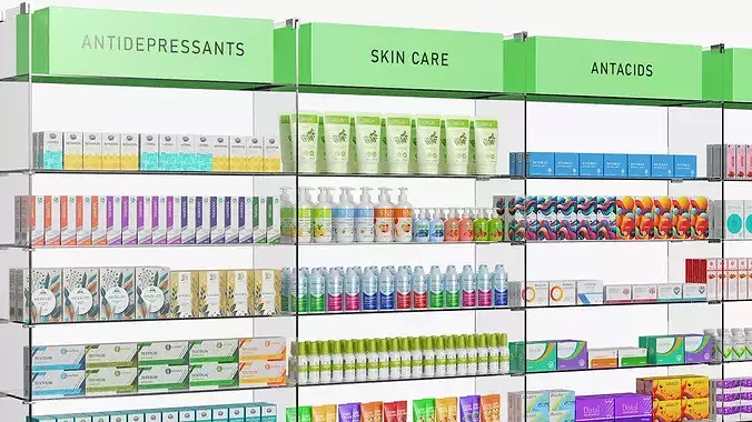 Pharmacy Shelf Unit with Products 3D model 6