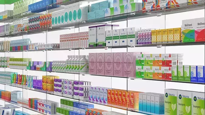 Pharmacy Shelf Unit with Products 3D model 7