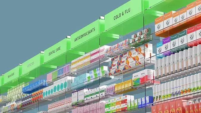 Pharmacy Shelf Unit with Products 3D model 4