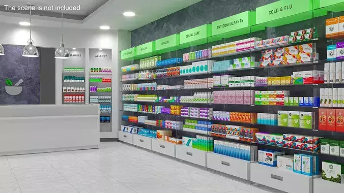 Pharmacy Shelf Unit with Products 3D model 2
